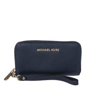 Michael Kors Navy Blue Leather Zip Around Wristlet Wallet