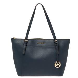 Pre Owned Michael Kors Blue Leather Large Voyager East/West Top Zip Tote 