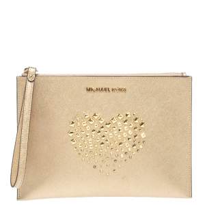 مملوكة مسبقًا Michael Kors Metallic Gold Leather Heart Studded Wristlet Clutch               