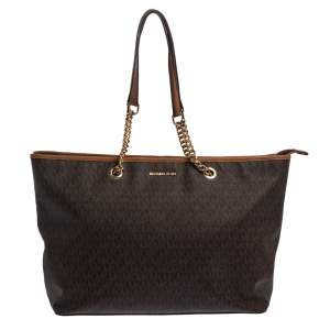 مملوكة مسبقًا Michael Kors Brown Signature Coated Canvas Jet Set Travel Chain Tote