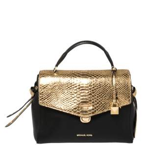 Pre Owned Michael Kors Black/Gold Leather and Snakeskin Embossed Leather Medium Bristol Top Handle Bag
