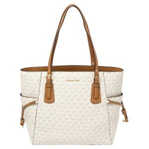Pre Owned Michael Kors White/Brown Signature Coated Canvas Voyager Tote