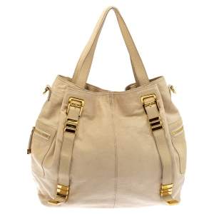  Michael Kors Cream Leather Buckle Side Pocket Shoulder Bag