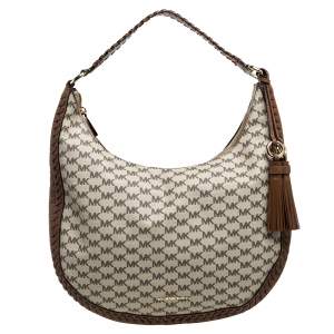 Pre Owned Michael Kors Beige/Brown Coated Canvas and Leather Lauryn Hobo