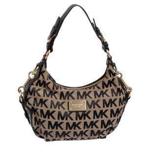 Pre Owned Michael Kors Beige/Black Signature Canvas and Leather Hobo