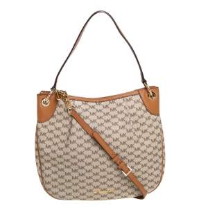 Pre Owned Michael Kors Beige/Brown Signature Coated Canvas and Leather Jet Set Hobo