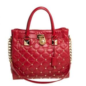 Michael Kors Red Quilted Leather Studded Hamilton Tote 