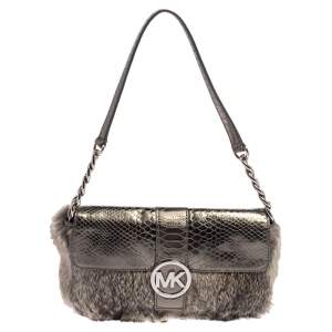 Michael Kors Metallic Grey Python Embossed Leather and Rabbit Fur Fulton Baguette 