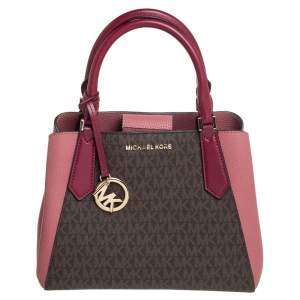 Pre Owned Michael Kors Pink/Brown Signature Coated Canvas and Leather Kimberly Satchel