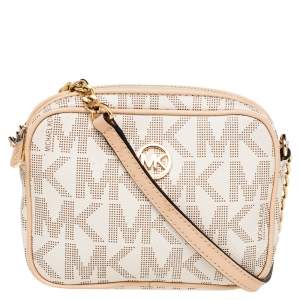 Pre Owned Michael Kors Beige/Brown Signature Coated Canvas And Leather Mini Camera Crossbody Bag