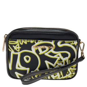 Pre Owned Michael Kors Black Graffiti Print Coated Canvas and Leather Belt Wristlet Clutch