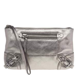 Pre Owned Michael Kors Metallic Silver Leather Fallon Wristlet Clutch