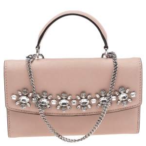 مملوكة مسبقًا Michael Kors Pink Leather Crystal Embellished Ava Wallet On Chain