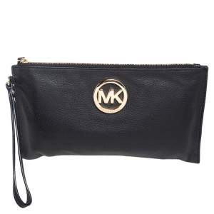Pre Owned Michael Kors Black Leather Jet Set Wristlet Pouch