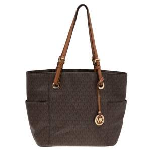 Michael Kors Brown Signature Coated Canvas And Leather Jet Set Tote