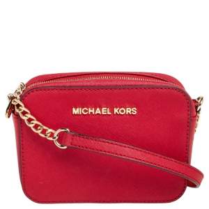 Pre Owned MICHAEL Michael Kors Red Saffiano Leather Jet Set Camera Crossbody Bag