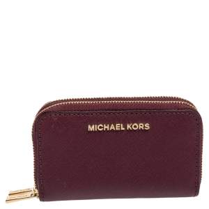 Pre Owned Michael Kors Burgundy Saffiano Leather Double Zip Around Compact Wallet