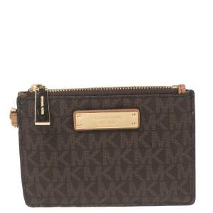Pre Owned Michael Kors Brown Signature Coated Canvas and Leather Logo Zip Coin Purse