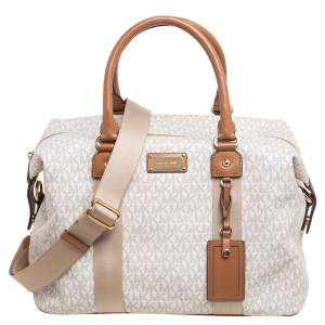 Michael Kors White/Brown Signature Coated Canvas And Leather Duffel Bag