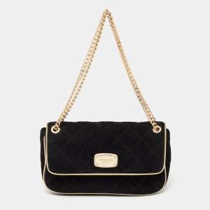 Pre Owned MICHAEL Michael Kors Black/Gold Quilted Suede Jet Set Chain Flap Shoulder Bag