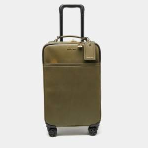 Pre Owned Michael Kors Olive Green Leather Jet Set Logo Luggage
