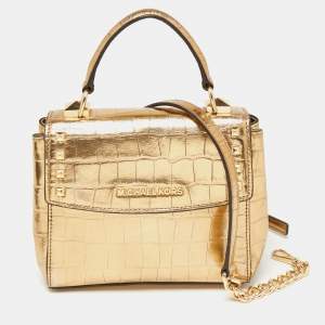 Pre Owned Michael Kors Metallic Gold Croc Embossed Leather Karla Top Handle Bag