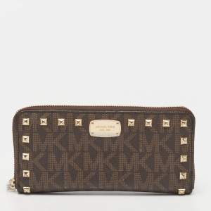 Michael Kors Brown Signature Coated Canvas Studded Zip Around Wallet