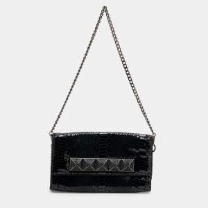 Michael Kors Metallic Black Python Effect Leather Flap Chain Clutch