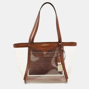 Pre Owned Michael Kors Brown/Clear PVC and Croc Embossed Leather Large Whitney Tote