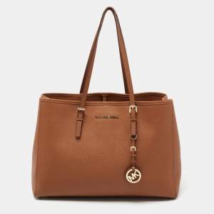 Pre Owned Michael Kors Brown Saffiano Leather Large Jet Set Travel Tote