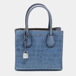 Pre Owned Michael Kors Blue Croc Embossed Leather Mini Mercer Tote