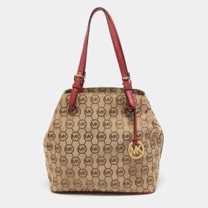 Pre Owned Micheal Kors Beige/Red Signature Canvas and Leather Jet Set Tote