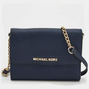 Pre Owned Michael Kors Blue Leather Jet Set Travel Crossbody Bag