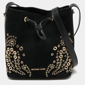 Pre Owned Michael Kors Black Suede And Leather Marigold Bucket Bag