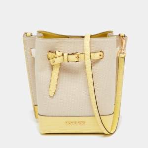 Pre Owned Michael Kors Beige/Yellow Canvas and Leather Small Emilia Bucket Bag