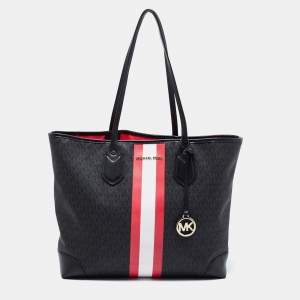 Pre Owned Michael Kors Black Logo Stripe Signature Coated Canvas and Leather Large Eva Tote
