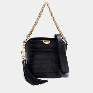 مملوكة مسبقًا Michael Kors Black Croc Embossed Leather Mini Bea Bucket Bag