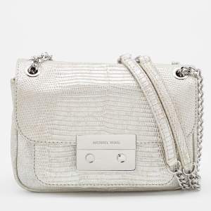 Pre Owned Michael Kors Silver Lizard Embossed Leather Small Sloan Shoulder Bag