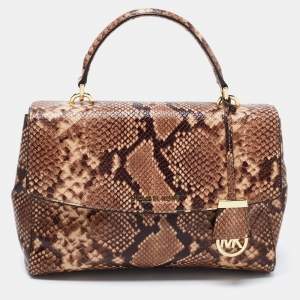 Pre Owned Michael Kors Beige/Brown Python Embossed  Leather Bleecker Top Handle Bag