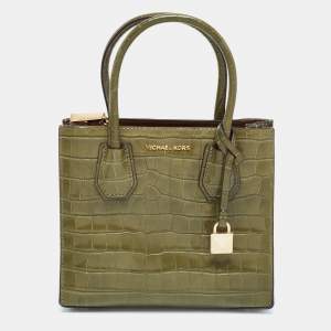 Pre Owned Michael Kors Green Croc Embossed Leather Mini Mercer Tote
