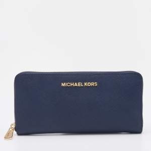 Pre Owned Michael Kors Navy Blue Saffiano Leather Zip Around Wallet