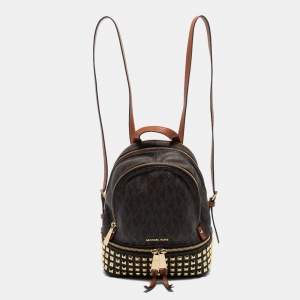 Pre Owned Michael Kors Dark Brown Signature Coated Canvas and Leather Rhea Backpack