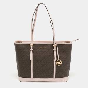 Pre Owned Michael Kors Light Pink Monogram Coated Canvas Large Jet Set Tote