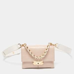 Pre Owned Michael Kors Pink/White Croc Embossed Leather Cece Shoulder Bag