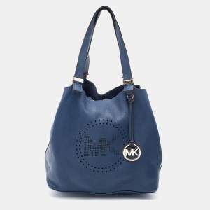 Pre Owned Michael Kors Blue Leather Perforated Logo Tote