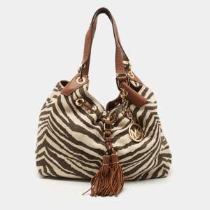 Pre Owned Michael Kors Brown/Beige Zebra Print Canvas and Leather Marina Shoulder Bag