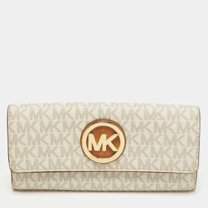 Pre Owned Michael Kors Vanilla/Beige Signature Coated Canvas Fulton Flap Continental Wallet