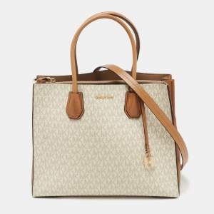 Pre Owned Michael Kors Brown/Ivory Signature Coated Canvas and Leather Large Mercer Tote