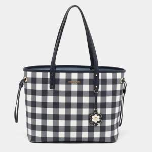 Pre Owned Michael Kors Navy Blue Checkered Coated Canvas Jet Set Travel Tote