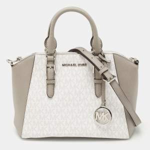 Pre Owned Michael Kors White/Grey Signature Coated Canvas and Leather Ciara Satchel